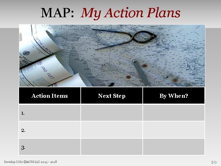 MAP: My Action Plans Action Items Next Step By When? 1. 2. 3. Develop