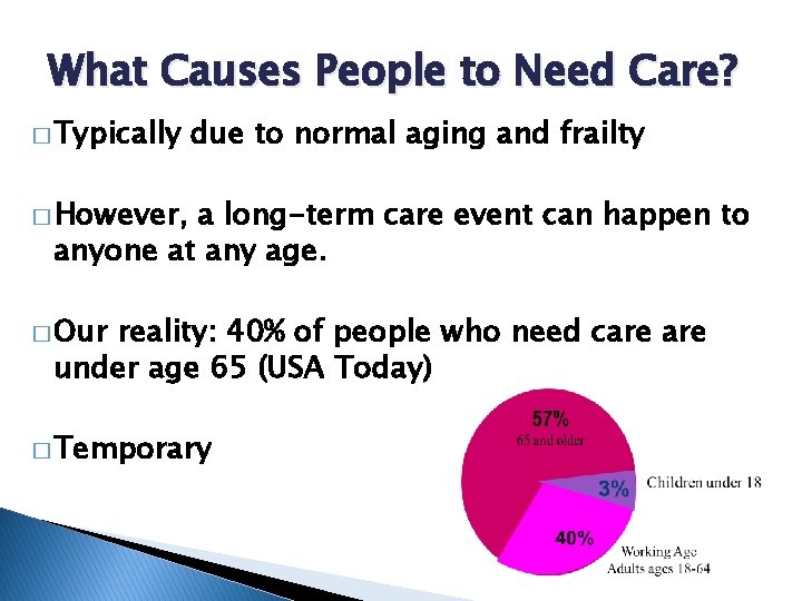 What Causes People to Need Care? � Typically due to normal aging and frailty
