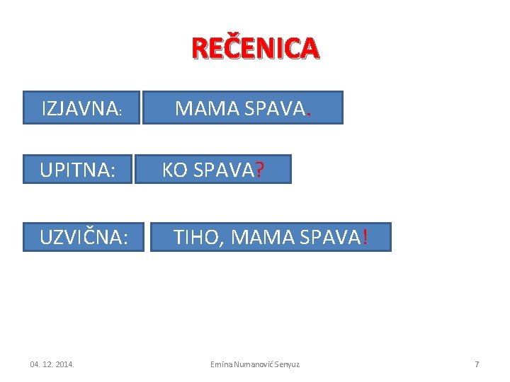 REČENICA IZJAVNA: UPITNA: UZVIČNA: 04. 12. 2014. MAMA SPAVA. KO SPAVA? TIHO, MAMA SPAVA!