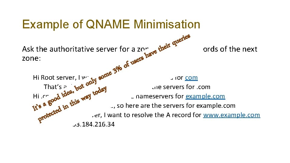 Example of QNAME Minimisation r s e i r e qu heithe NS records