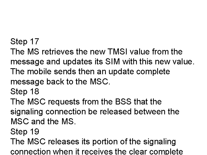 Step 17 The MS retrieves the new TMSI value from the message and updates