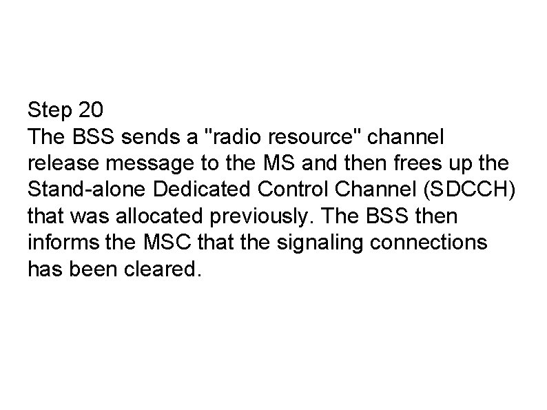 Step 20 The BSS sends a "radio resource" channel release message to the MS