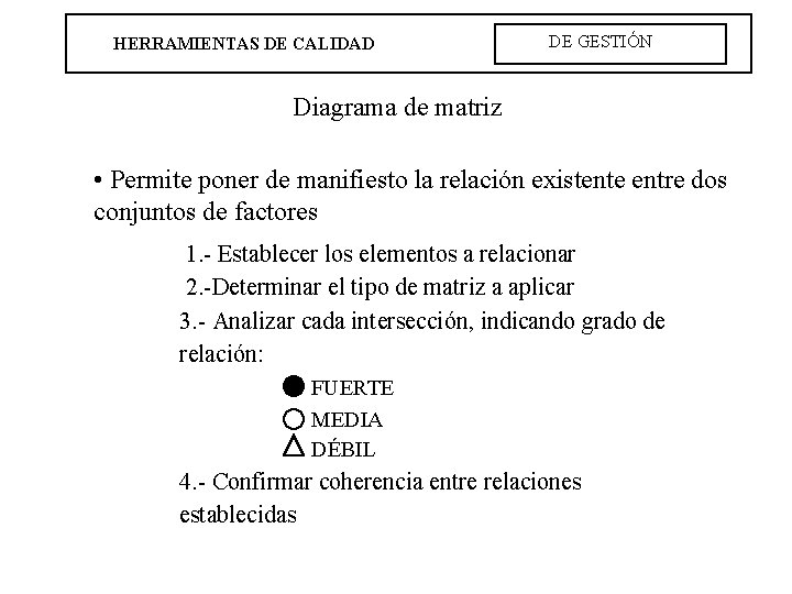 HERRAMIENTAS DE CALIDAD DE GESTIÓN Diagrama de matriz • Permite poner de manifiesto la