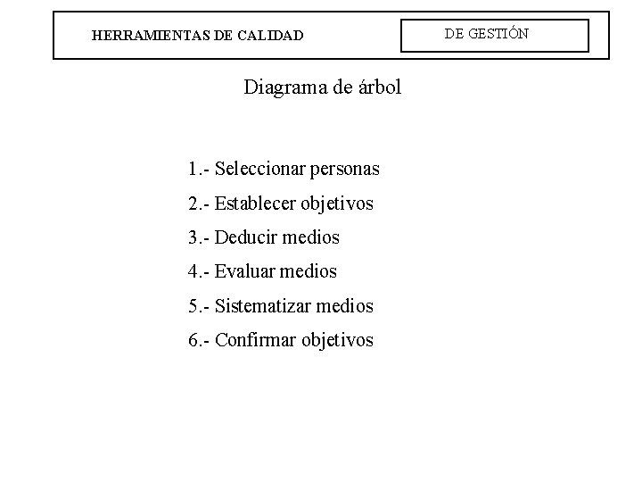 HERRAMIENTAS DE CALIDAD Diagrama de árbol 1. - Seleccionar personas 2. - Establecer objetivos