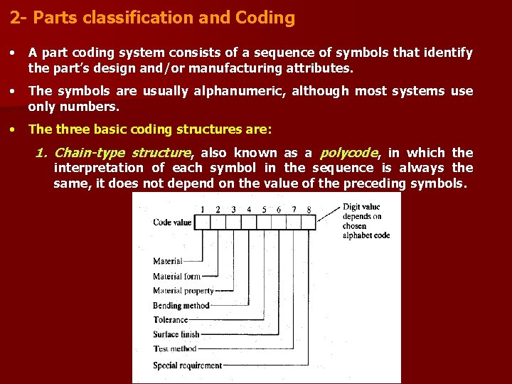 2 - Parts classification and Coding • A part coding system consists of a