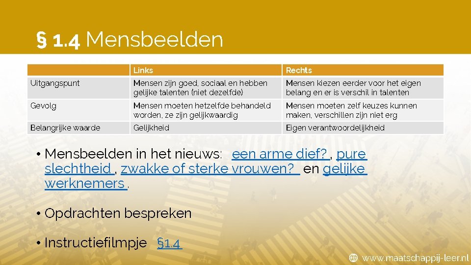 § 1. 4 Mensbeelden Links Rechts Uitgangspunt Mensen zijn goed, sociaal en hebben gelijke