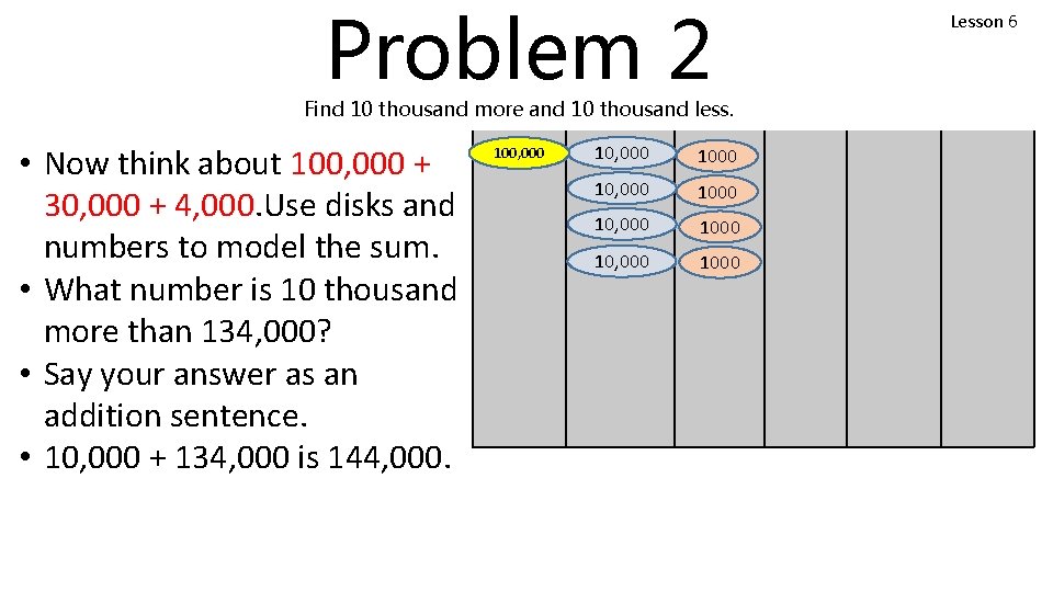 Problem 2 Find 10 thousand more and 10 thousand less. • Now think about