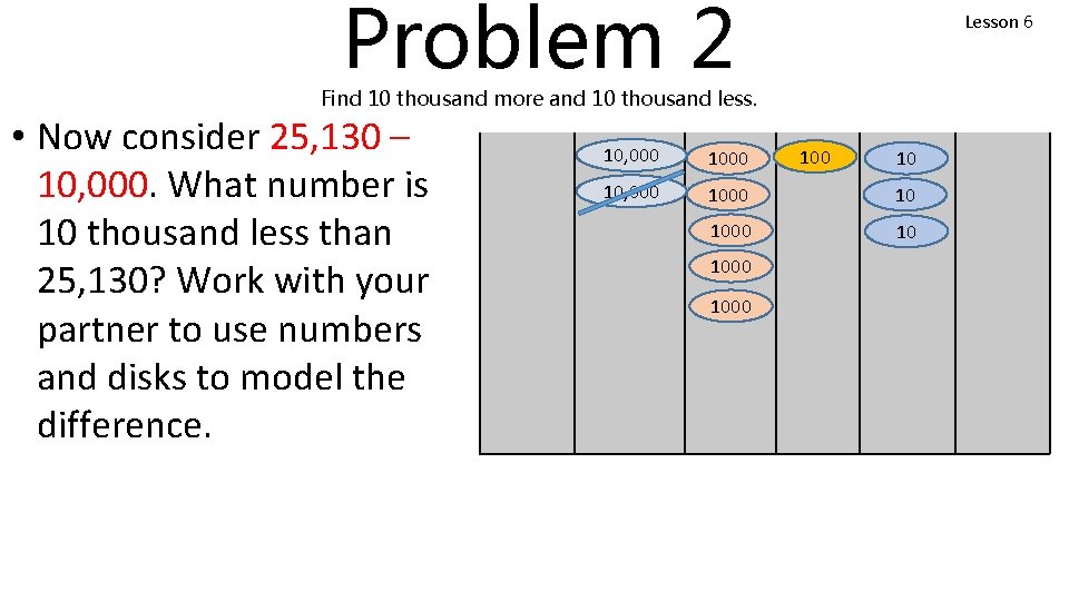 Problem 2 Lesson 6 Find 10 thousand more and 10 thousand less. • Now