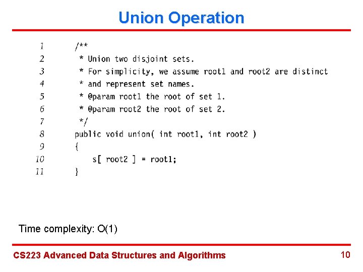 Union Operation Time complexity: O(1) CS 223 Advanced Data Structures and Algorithms 10 