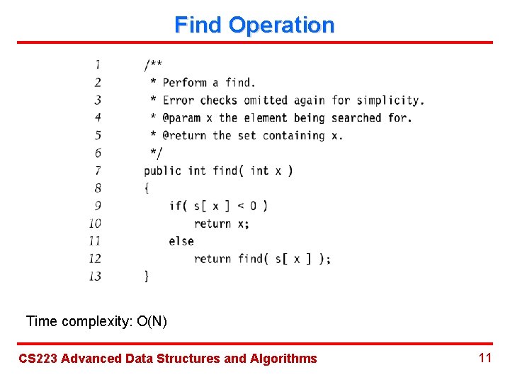 Find Operation Time complexity: O(N) CS 223 Advanced Data Structures and Algorithms 11 