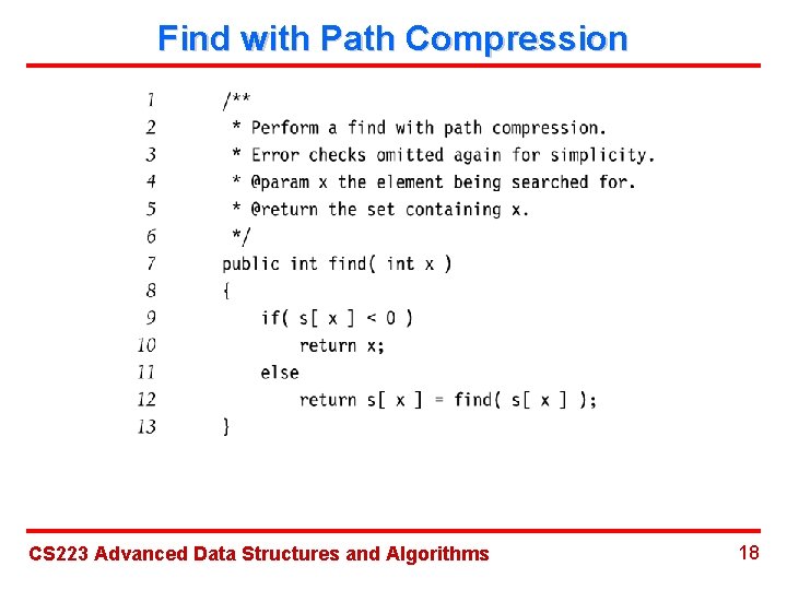 Find with Path Compression CS 223 Advanced Data Structures and Algorithms 18 