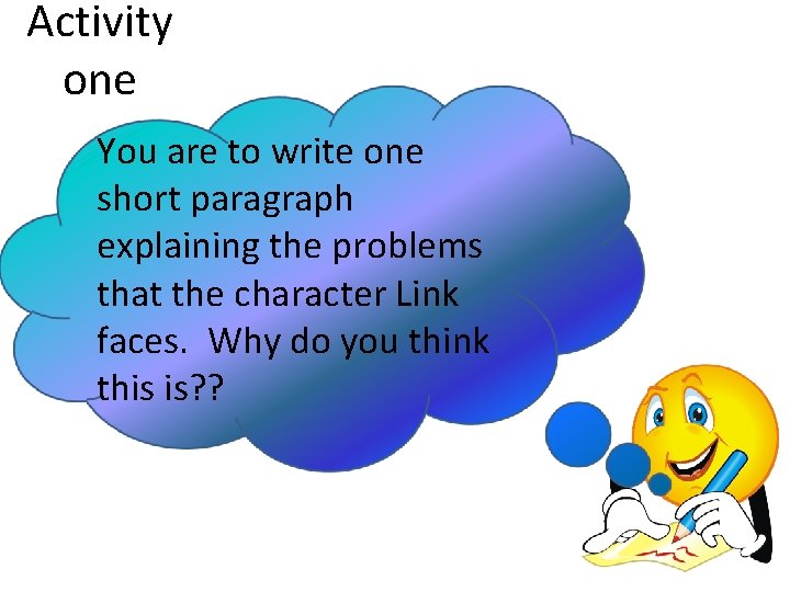 Activity one You are to write one short paragraph explaining the problems that the
