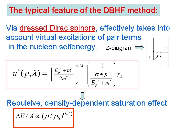 The typical feature of the DBHF method: Via dressed Dirac spinors, effectively takes into The typical feature of the DBHF method: Via dressed Dirac spinors, effectively takes into