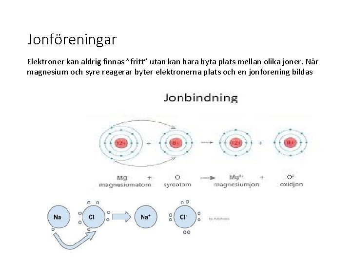 Jonföreningar Elektroner kan aldrig finnas ”fritt” utan kan bara byta plats mellan olika joner.