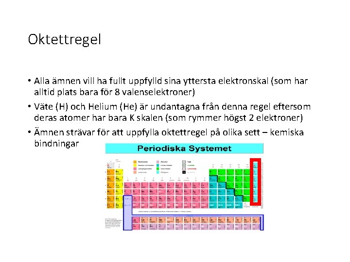 Oktettregel • Alla ämnen vill ha fullt uppfylld sina yttersta elektronskal (som har alltid