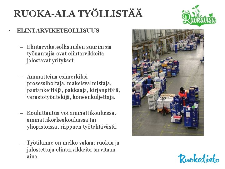 RUOKA-ALA TYÖLLISTÄÄ • ELINTARVIKETEOLLISUUS – Elintarviketeollisuuden suurimpia työnantajia ovat elintarvikkeita jalostavat yritykset. – Ammatteina