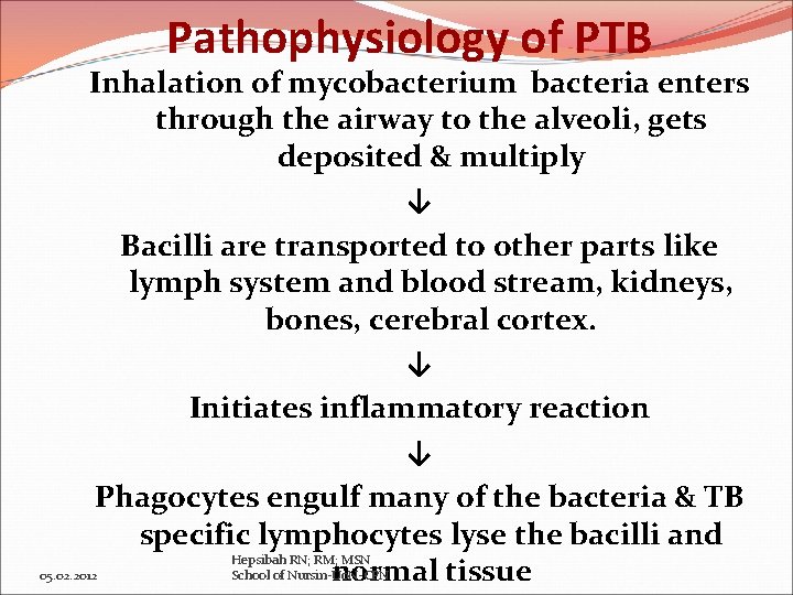 Pathophysiology of PTB Inhalation of mycobacterium bacteria enters through the airway to the alveoli,