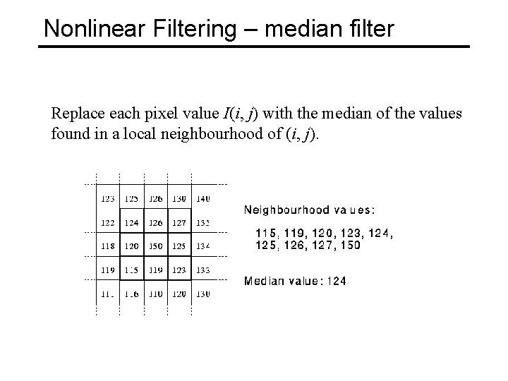 Nonlinear Filtering – median filter Replace each pixel value I(i, j) with the median