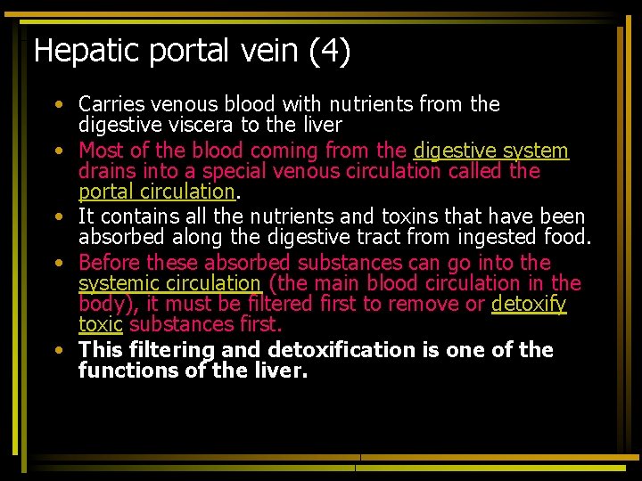 Hepatic portal vein (4) • Carries venous blood with nutrients from the digestive viscera