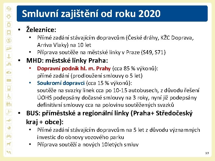 Smluvní zajištění od roku 2020 • Železnice: • Přímé zadání stávajícím dopravcům (České dráhy,