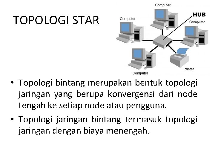 TOPOLOGI STAR • Topologi bintang merupakan bentuk topologi jaringan yang berupa konvergensi dari node