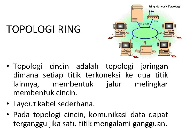 TOPOLOGI RING • Topologi cincin adalah topologi jaringan dimana setiap titik terkoneksi ke dua