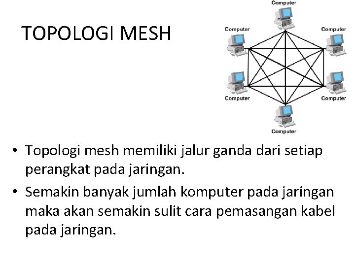 TOPOLOGI MESH • Topologi mesh memiliki jalur ganda dari setiap perangkat pada jaringan. •