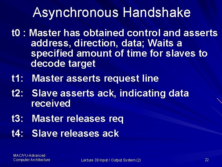 Asynchronous Handshake t 0 : Master has obtained control and asserts address, direction, data;