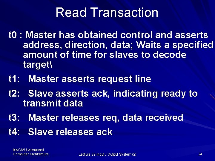 Read Transaction t 0 : Master has obtained control and asserts address, direction, data;