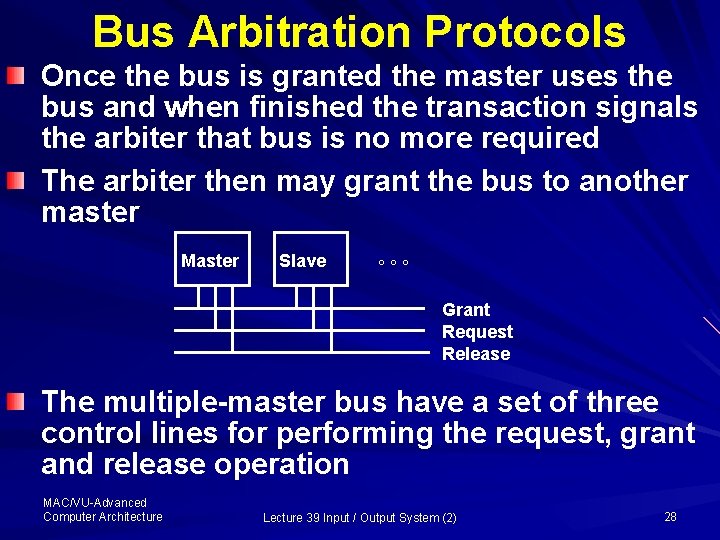 Bus Arbitration Protocols Once the bus is granted the master uses the bus and