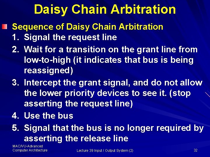 Daisy Chain Arbitration Sequence of Daisy Chain Arbitration 1. Signal the request line 2.