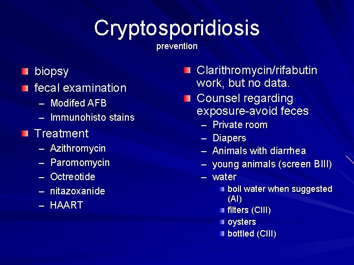 Cryptosporidiosis prevention biopsy fecal examination – Modifed AFB – Immunohisto stains Treatment – –