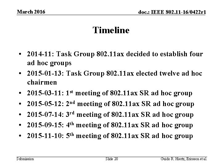 March 2016 doc. : IEEE 802. 11 -16/0422 r 1 Timeline • 2014 -11: