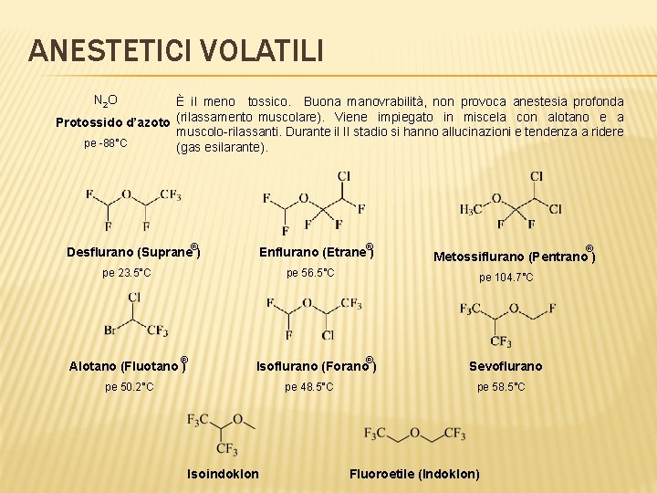 ANESTETICI VOLATILI N 2 O È il meno tossico. Buona manovrabilità, non provoca anestesia