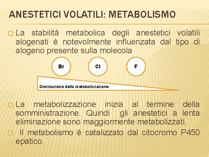 ANESTETICI VOLATILI: METABOLISMO � La stabilità metabolica degli anestetici volatili alogenati è notevolmente influenzata