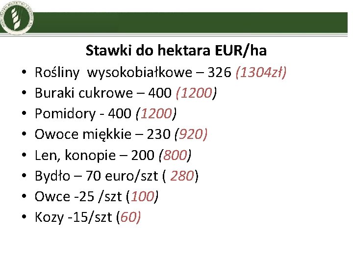 Stawki do hektara EUR/ha • • Rośliny wysokobiałkowe – 326 (1304 zł) Buraki cukrowe