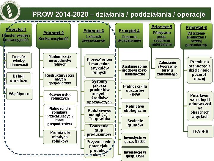 PROW 2014 -2020 – działania / poddziałania / operacje Priorytet 1 Transfer wiedzy i