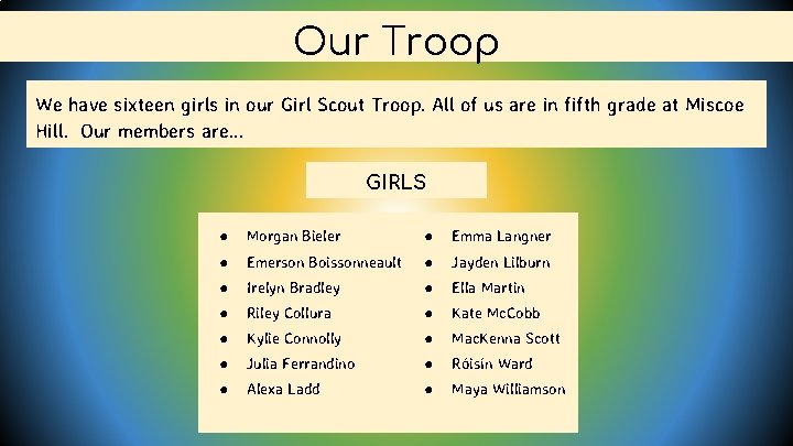 Our Troop We have sixteen girls in our Girl Scout Troop. All of us
