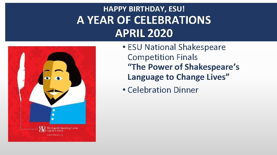 HAPPY BIRTHDAY, ESU! A YEAR OF CELEBRATIONS APRIL 2020 • ESU National Shakespeare Competition