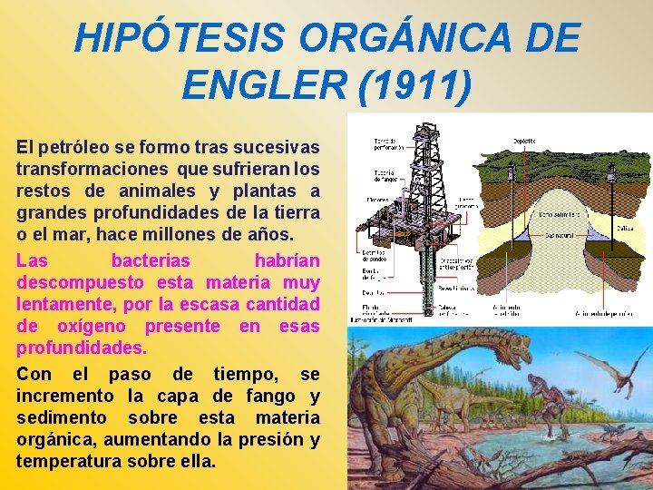 HIPÓTESIS ORGÁNICA DE ENGLER (1911) El petróleo se formo tras sucesivas transformaciones que sufrieran