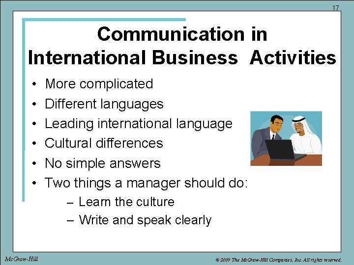 17 Communication in International Business Activities • • • More complicated Different languages Leading