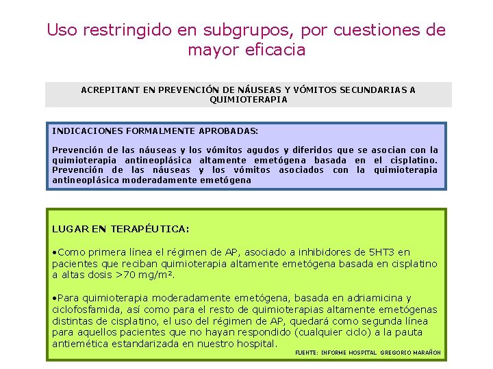 Uso restringido en subgrupos, por cuestiones de mayor eficacia ACREPITANT EN PREVENCIÓN DE NÁUSEAS