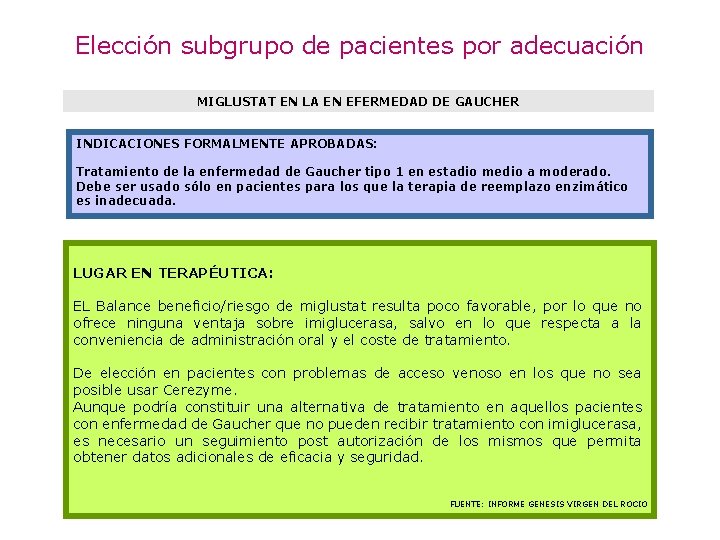 Elección subgrupo de pacientes por adecuación MIGLUSTAT EN LA EN EFERMEDAD DE GAUCHER INDICACIONES
