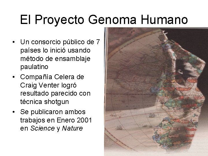 El Proyecto Genoma Humano • Un consorcio público de 7 países lo inició usando