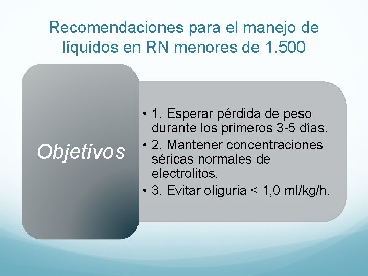 Recomendaciones para el manejo de líquidos en RN menores de 1. 500 Objetivos •