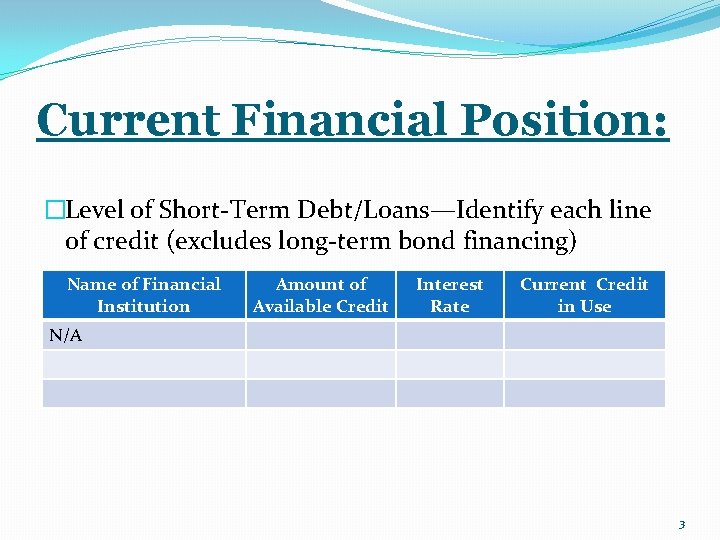 Current Financial Position: �Level of Short-Term Debt/Loans—Identify each line of credit (excludes long-term bond