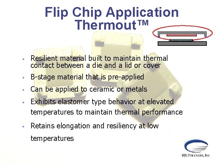 Flip Chip Application Thermout™ • Resilient material built to maintain thermal contact between a
