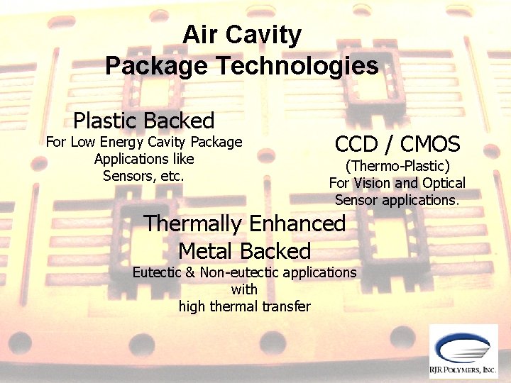 Air Cavity Package Technologies Plastic Backed For Low Energy Cavity Package Applications like Sensors,