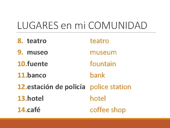 LUGARES en mi COMUNIDAD 8. teatro 9. museo 10. fuente 11. banco 12. estación