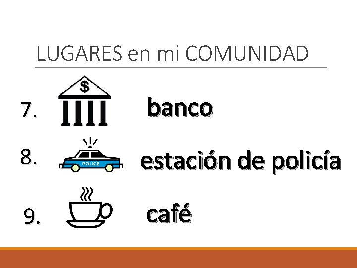 LUGARES en mi COMUNIDAD 7. banco 8. estación de policía 9. café 